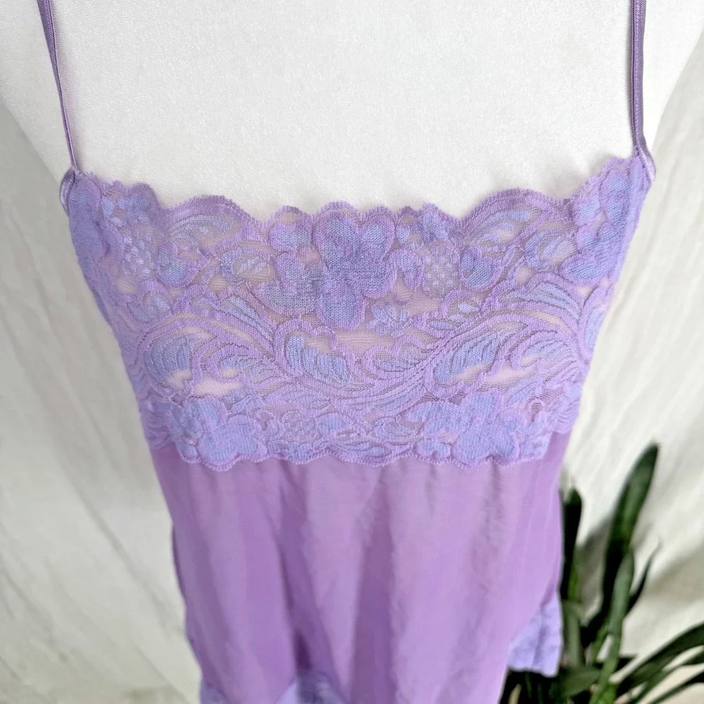 Purple Y2K Sheer Mesh Slip Mini Dress S Coquette Fairy Babydoll Lace Trim Cami
